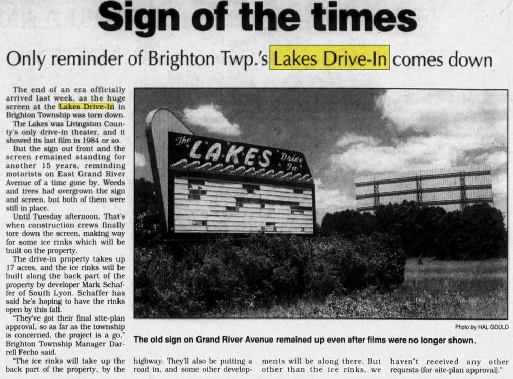 Jun 20 1999 article Lakes Drive-In Theatre, Brighton